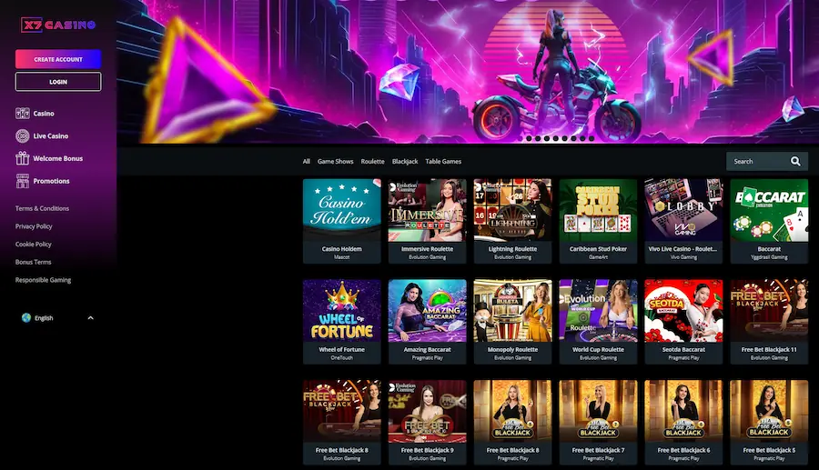 X7 Casino Live Casino Page