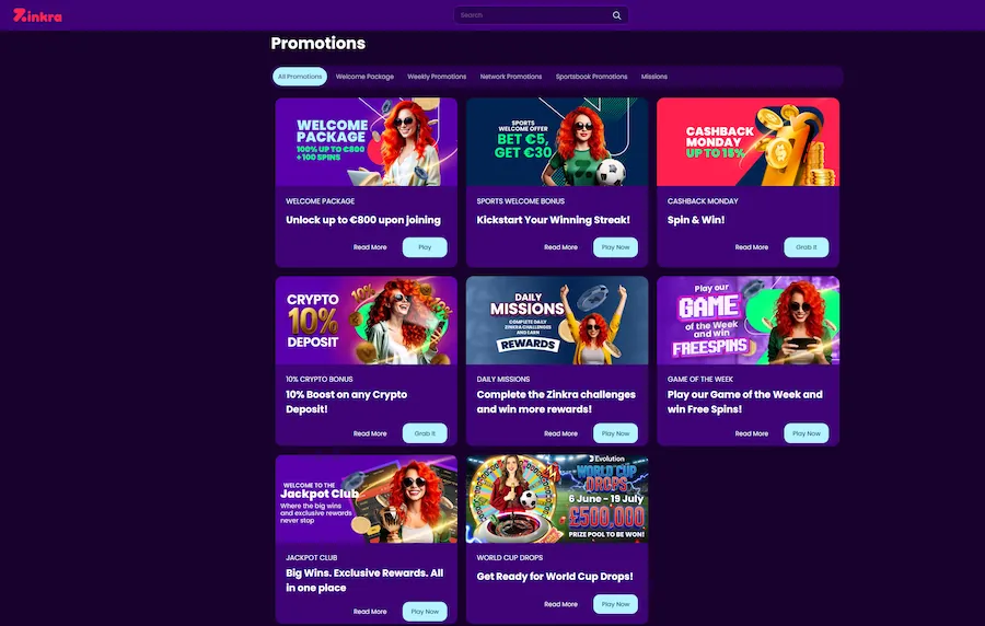 Zinkra Casino Promotions Page
